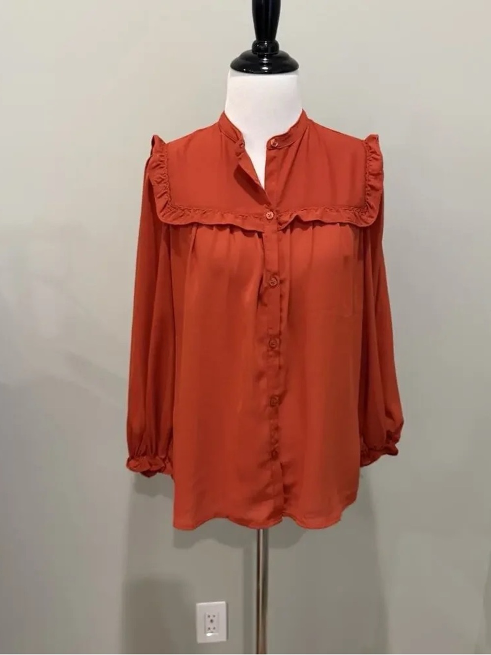Ruffle Yoke Button-Front Blouse in Rust